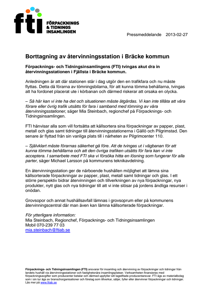 Borttagning av återvinningsstation i Bräcke kommun