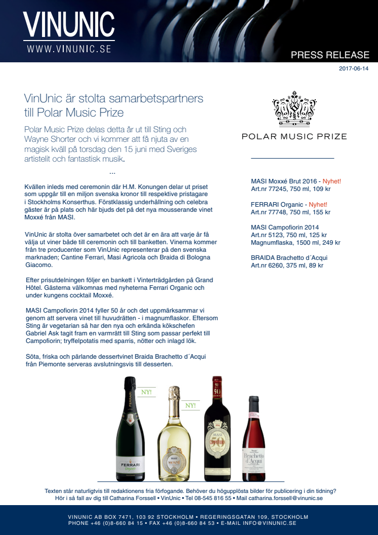 VinUnic är stolta samarbetspartners till Polar Music Prize