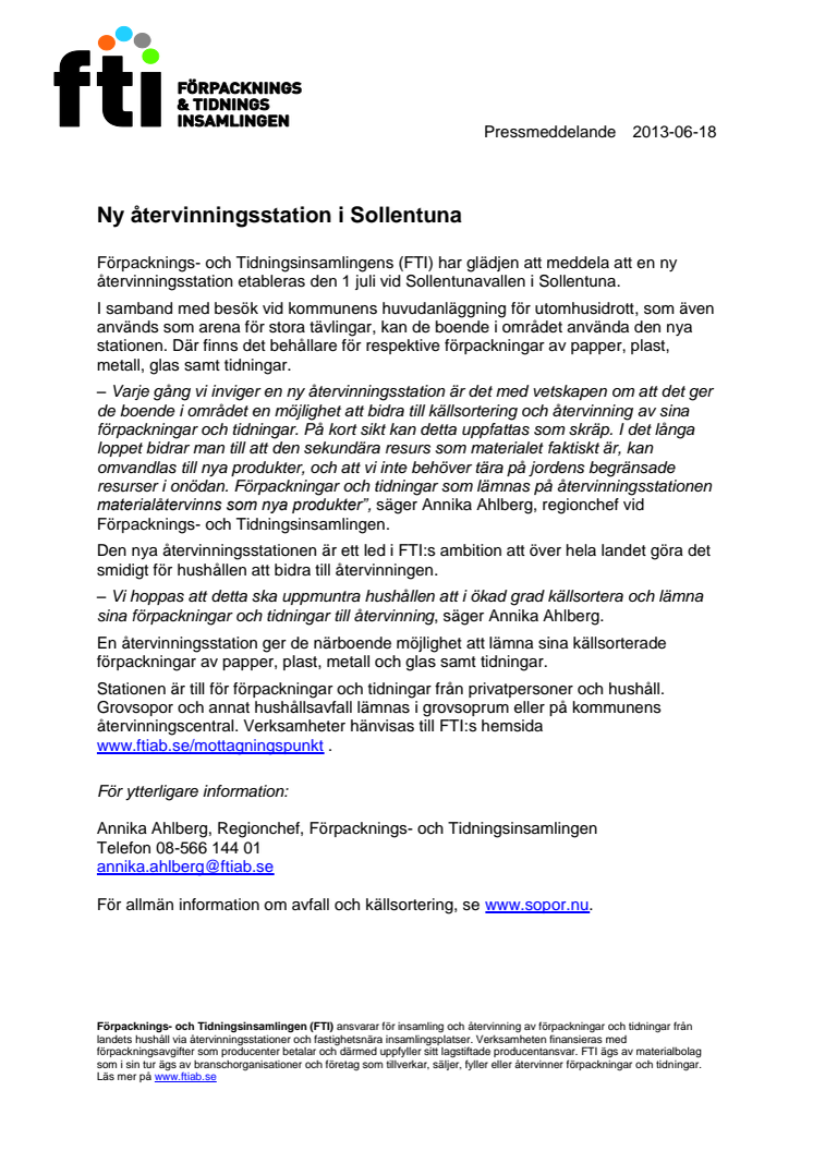 Ny återvinningsstation i Sollentuna