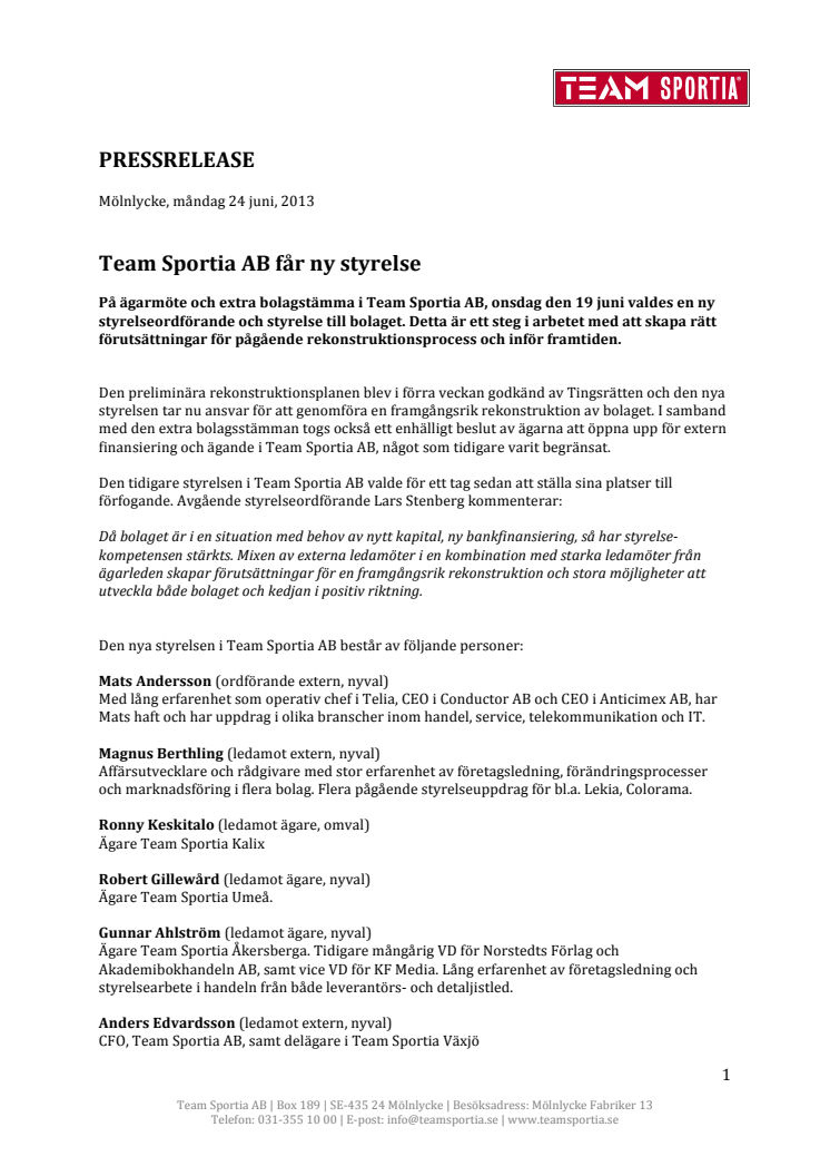 Team Sportia AB får ny styrelse