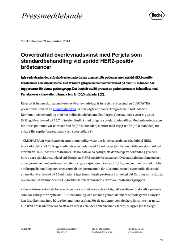 Oöverträffad överlevnadsvinst med Perjeta som standardbehandling vid spridd HER2-positiv bröstcancer