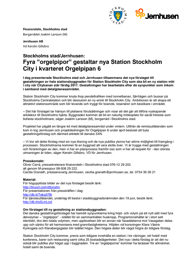 Stockholms stad/Jernhusen: Fyra ”orgelpipor” gestaltar nya Station Stockholm City i kvarteret Orgelpipan 6 