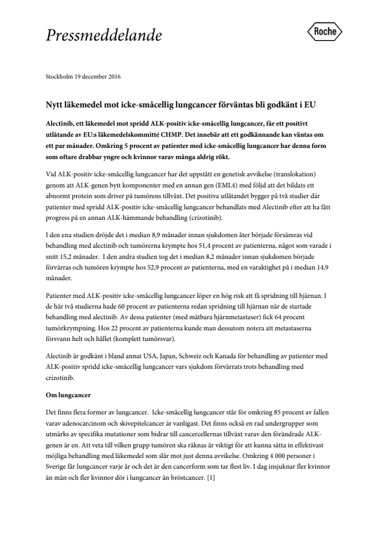 Nytt läkemedel mot icke-småcellig lungcancer förväntas bli godkänt i EU
