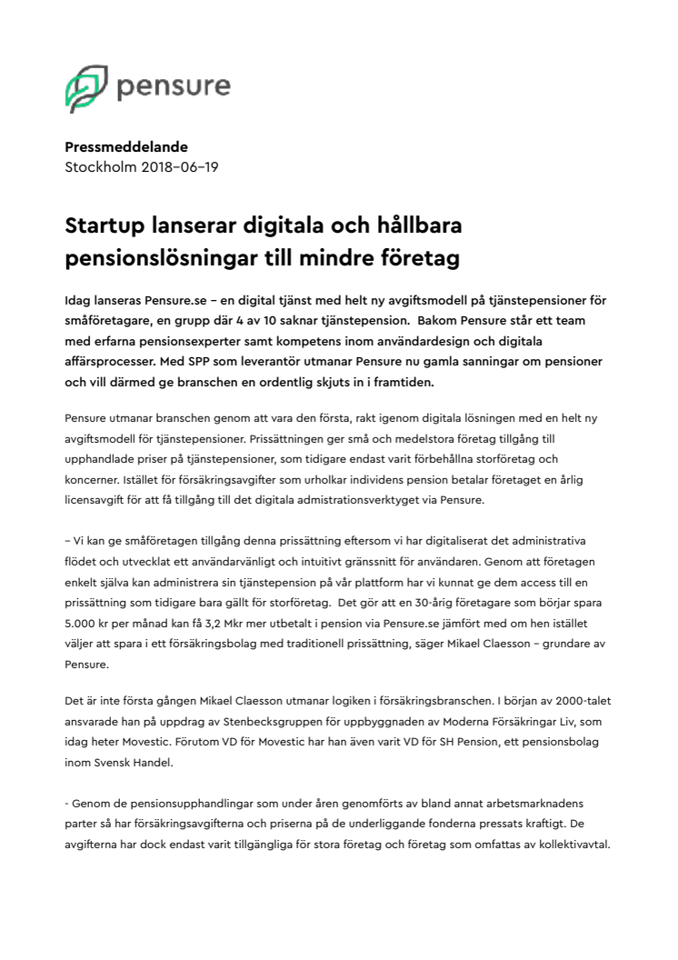 Startup lanserar digitala och hållbara pensionslösningar till mindre företag