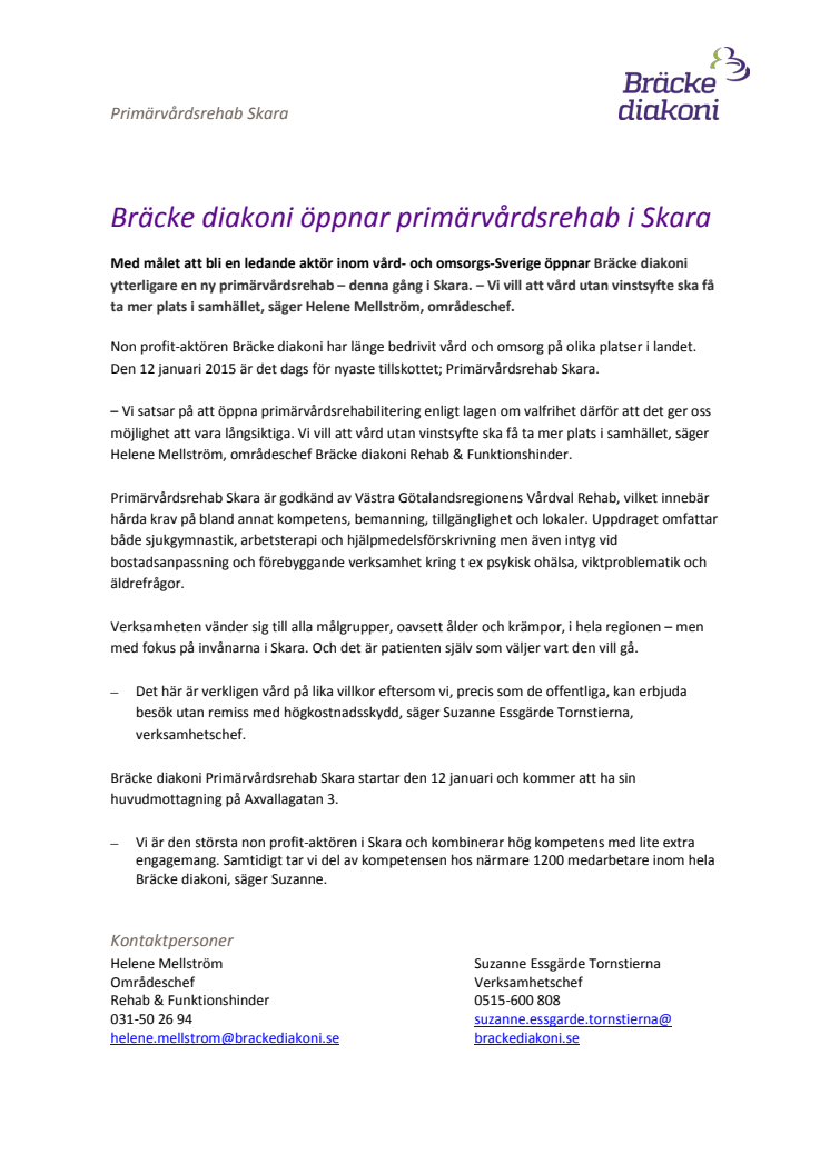 Bräcke diakoni öppnar primärvårdsrehab i Skara