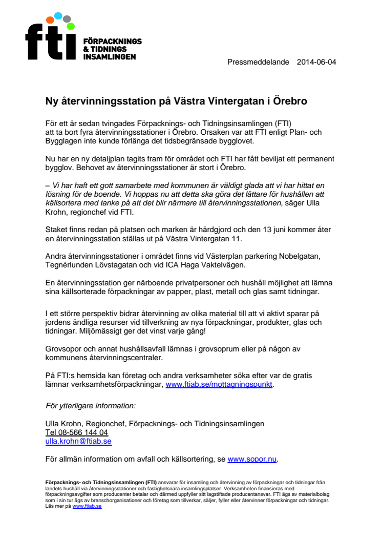 Ny återvinningsstation på Västra Vintergatan i Örebro