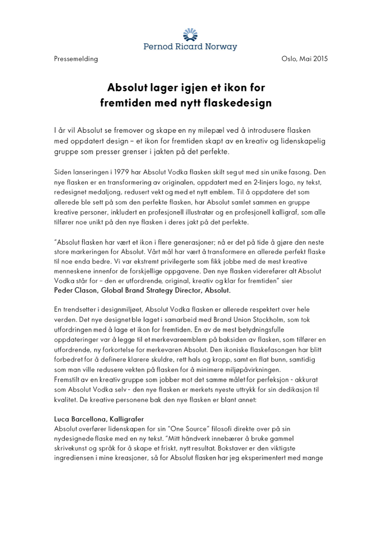 Absolut lager igjen et ikon for fremtiden med nytt flaskedesign 