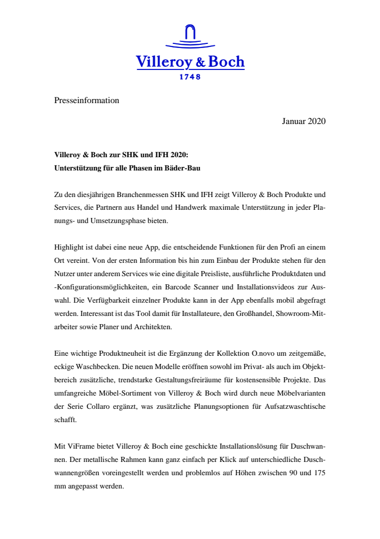 Villeroy & Boch zur SHK und IFH 2020:  Unterstützung für alle Phasen im Bäder-Bau