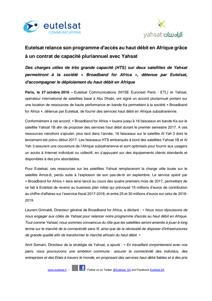 Eutelsat relance son programme d'accès au haut débit en Afrique grâce à un contrat de capacité pluriannuel avec Yahsat