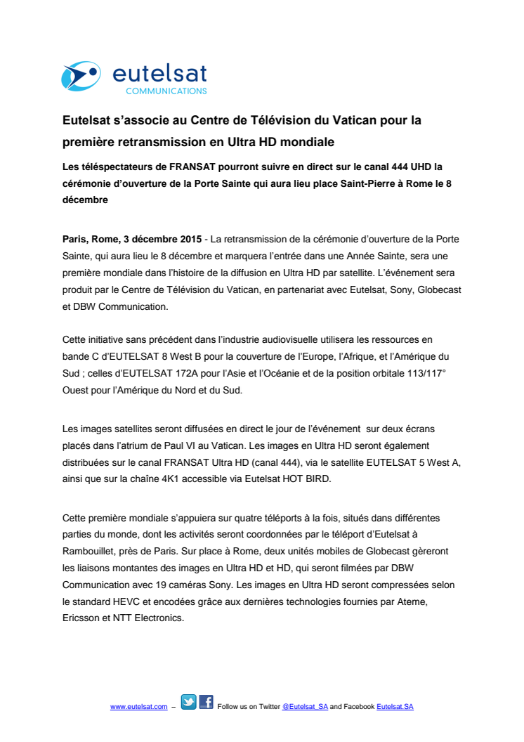 Eutelsat s’associe au Centre de Télévision du Vatican pour la première retransmission en Ultra HD mondiale