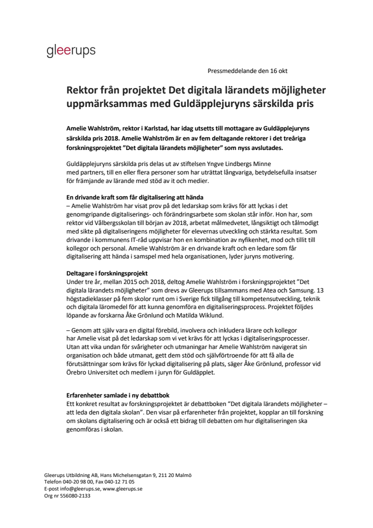 ​Rektor från projektet Det digitala lärandets möjligheter uppmärksammas med Guldäpplejuryns särskilda pris