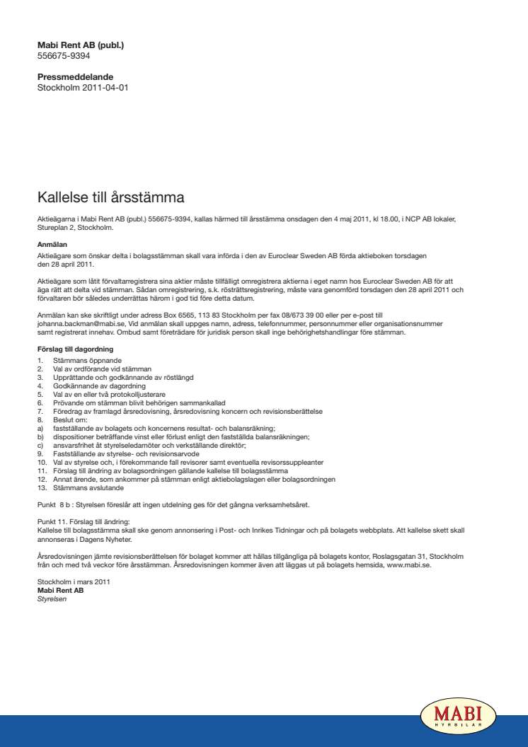 Kallelse till årsstämma