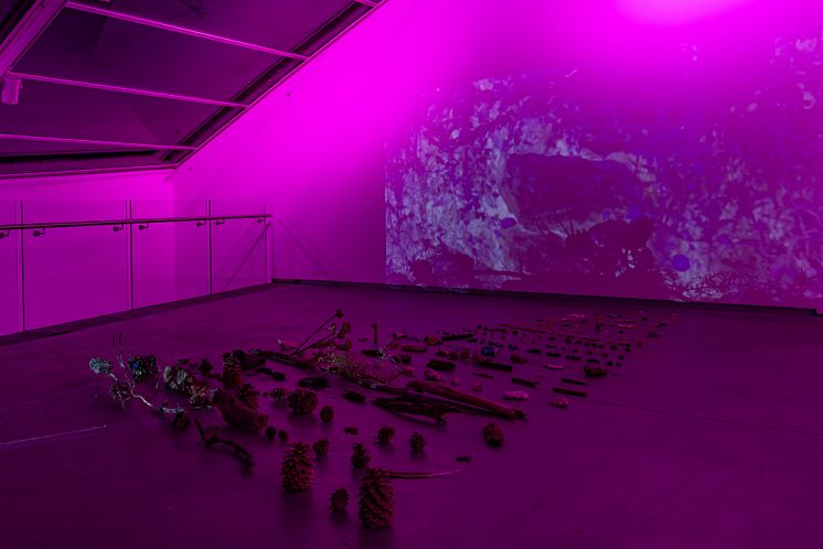Exhibition view, Basel Abbas og Ruanne Abou-Rahme, An echo buried deep deep down but calling still, 2023. 