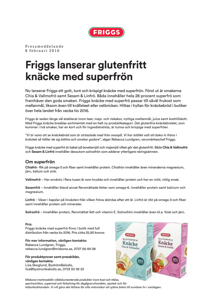 Friggs lanserar glutenfritt knäcke med superfrön