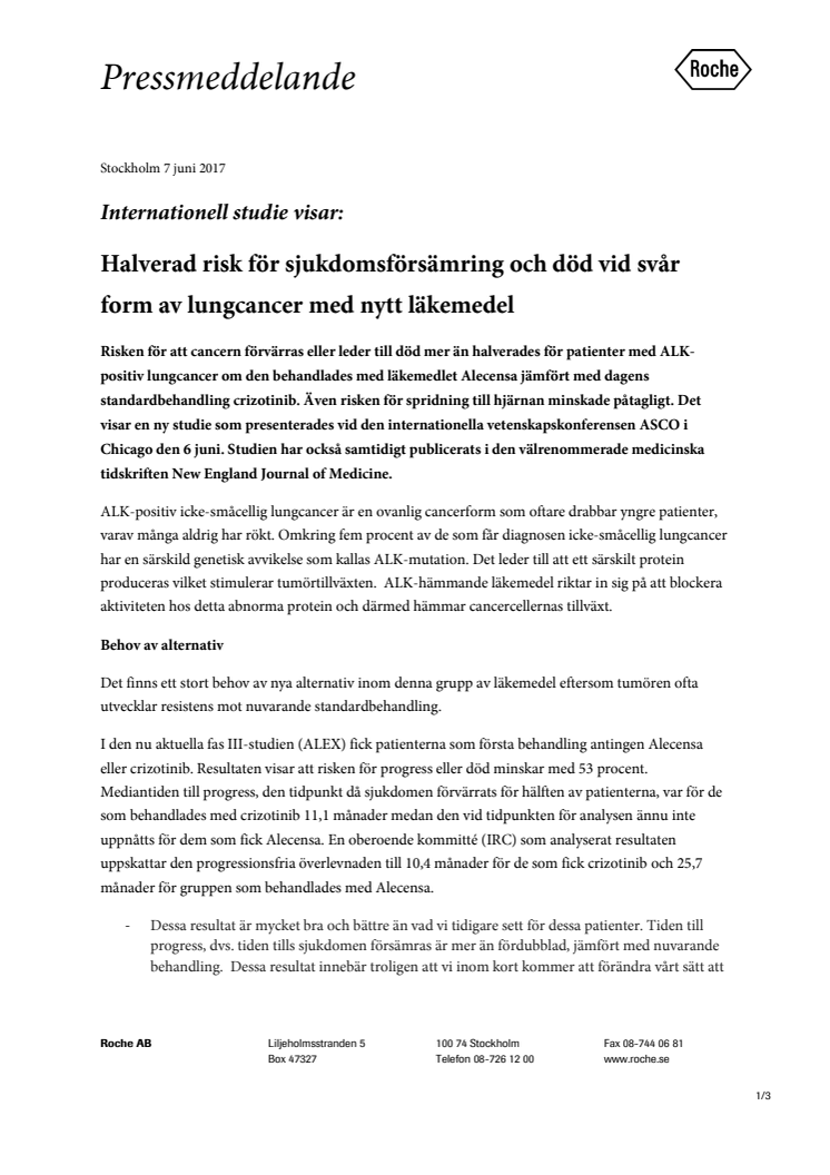 Internationell studie visar: Halverad risk för sjukdomsförsämring och död vid svår form av lungcancer med nytt läkemedel