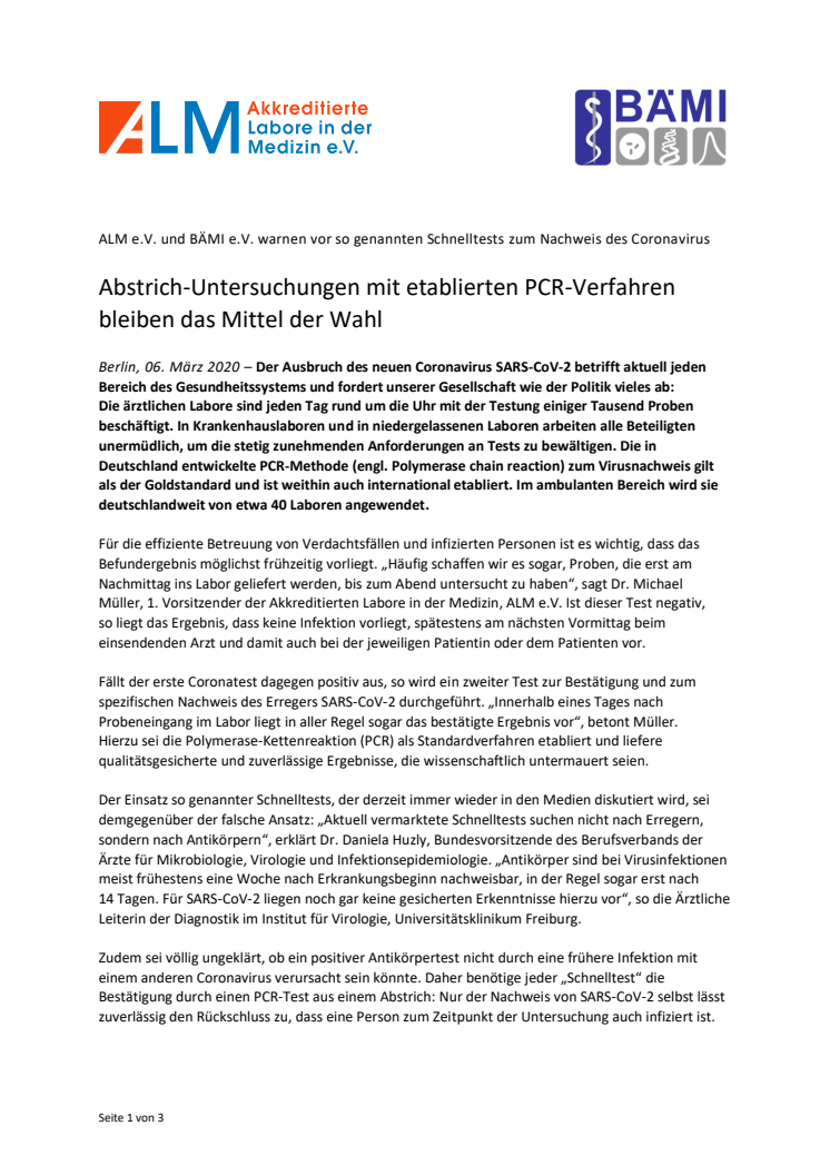 Pressemitteilung ALM e.V. - Abstrich-Untersuchungen mit etablierten PCR-Verfahren bleiben das Mittel der Wahl