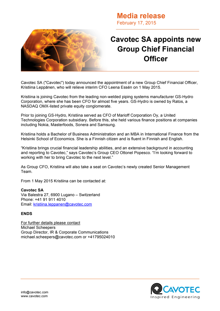 Cavotec SA appoints new Group Chief Financial Officer