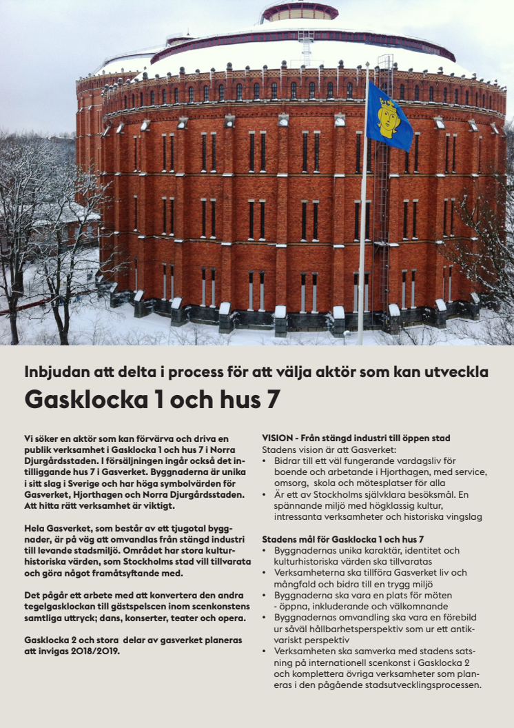  Inbjudan att delta i process för att välja aktör som kan utveckla Gasklocka 1
