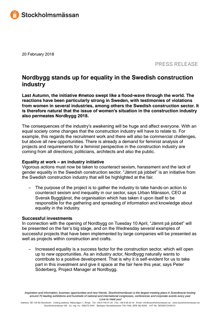 Nordbygg stands up for equality in the Swedish construction industry