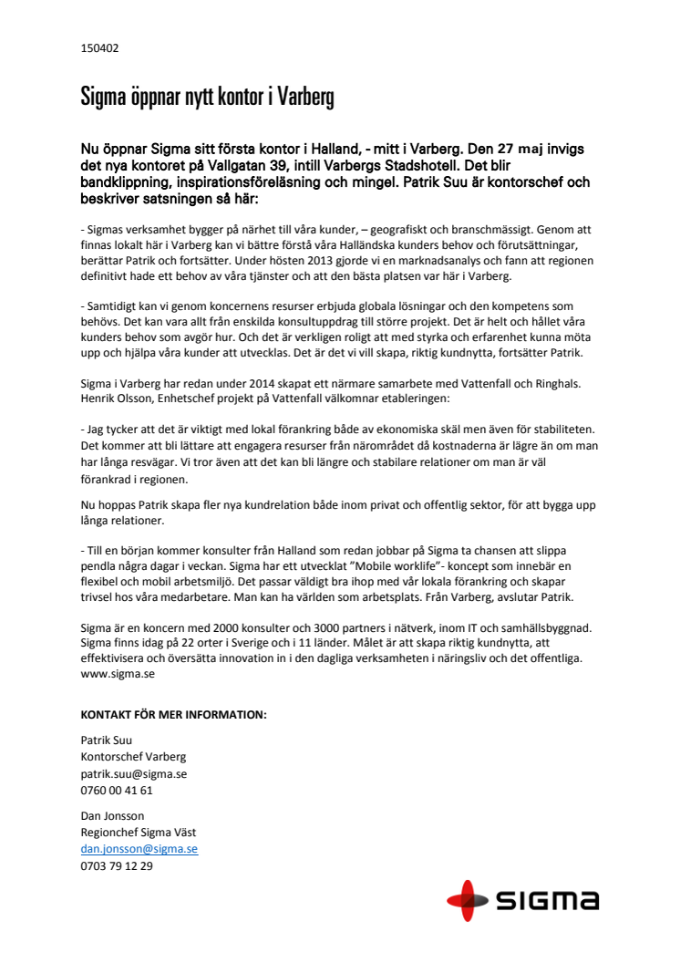 Sigma öppnar nytt kontor i Varberg