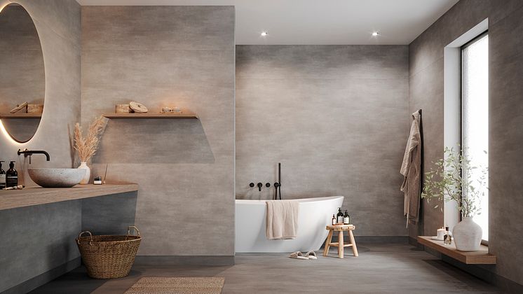 Badrumstrender 2025; Aquarelle Raw Concrete Dark Grey, våtrumsmatta, Tarkett