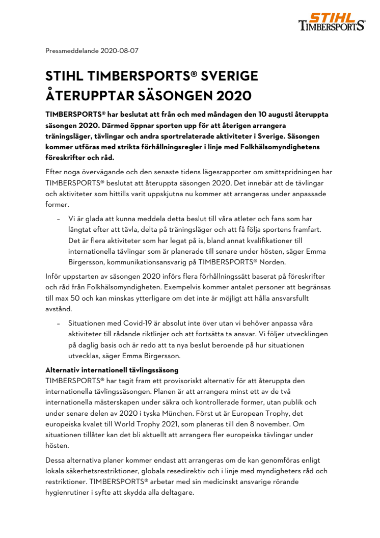 STIHL TIMBERSPORTS® Sverige återupptar säsongen 2020