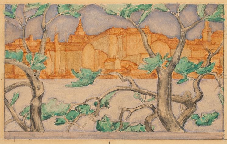 Prins Eugen, Maria. Förstudie till Staden vid vattnet i Stockholms stadshus. 1918. Akvarell på papp, 20 x 31,5 cm. 