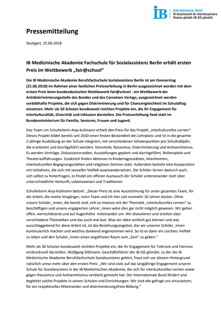 IB Medizinische Akademie Fachschule für Sozialassistenz Berlin erhält ersten Preis im Wettbewerb „fair@school“