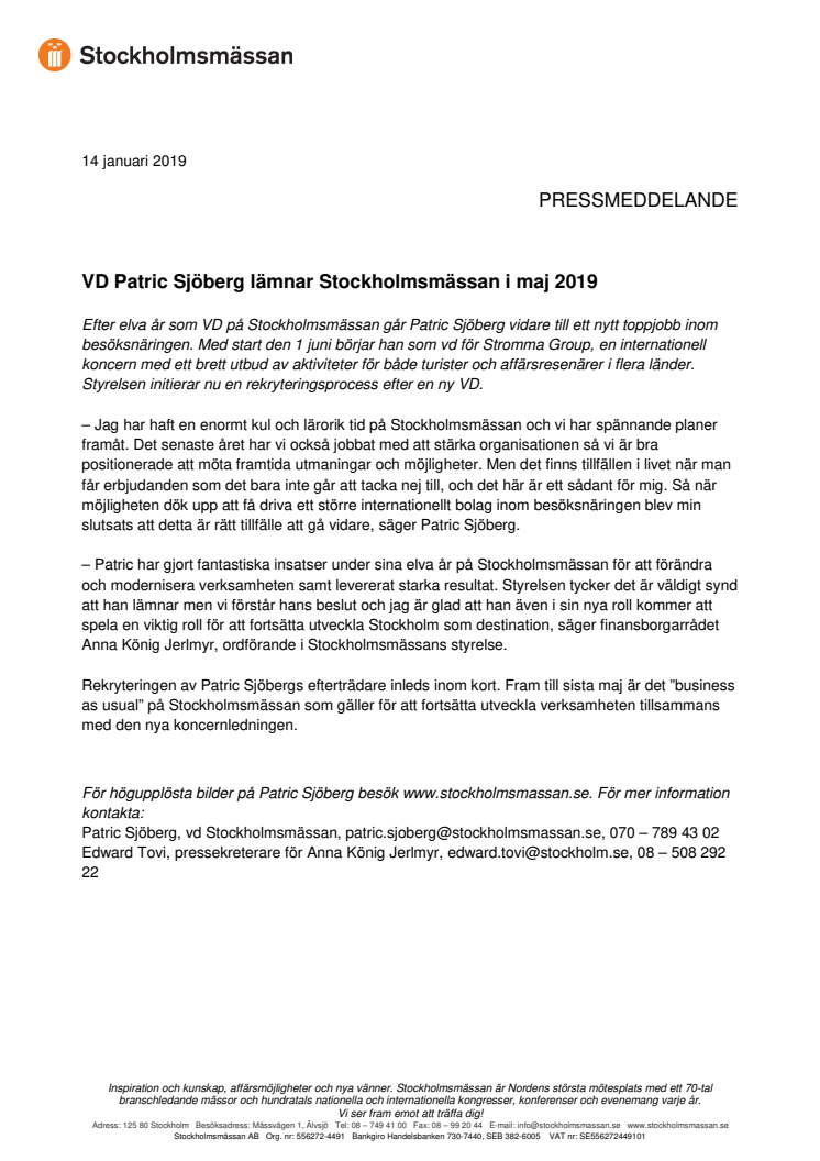 VD Patric Sjöberg lämnar Stockholmsmässan i maj 2019