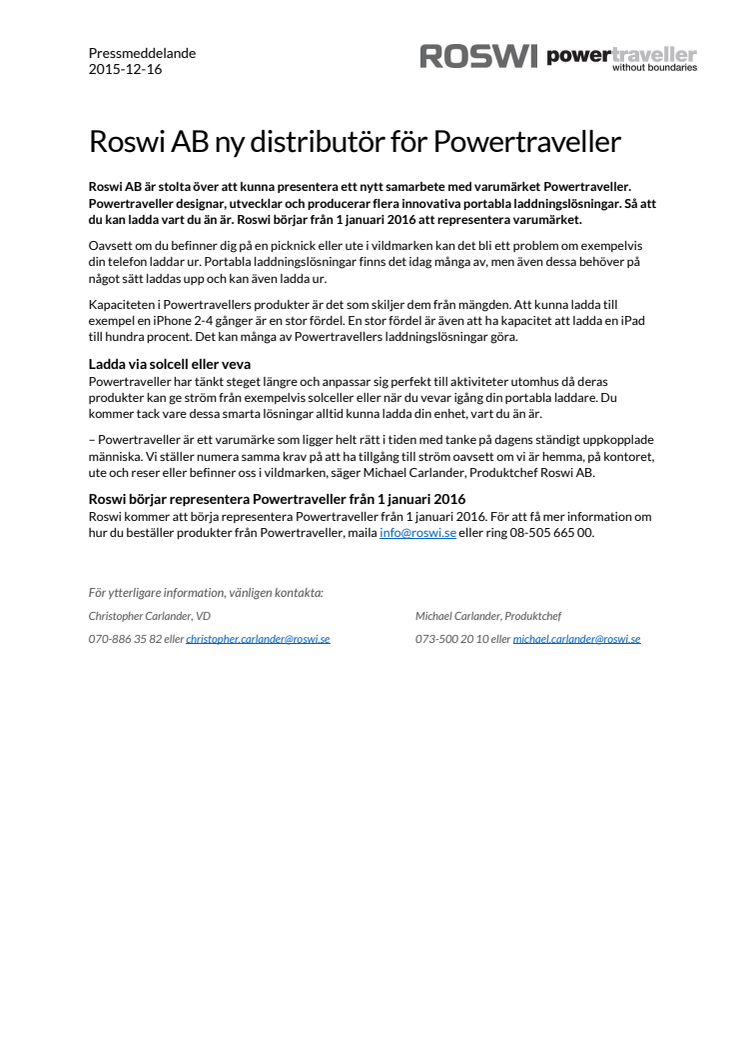 Roswi AB ny distributör för Powertraveller
