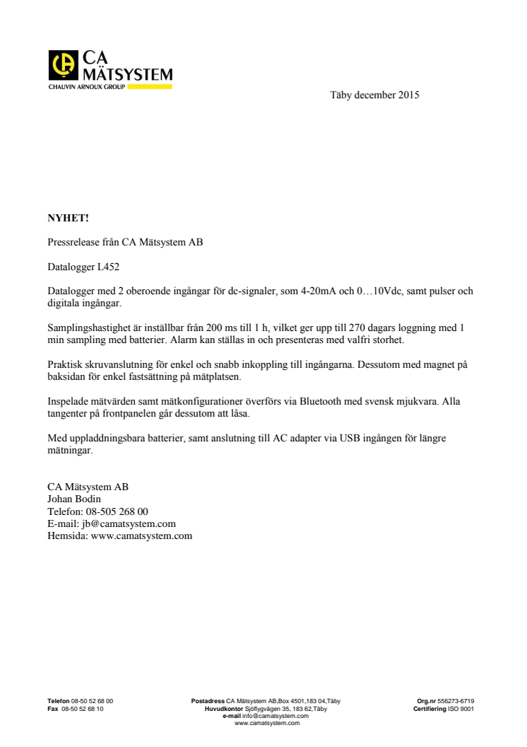2-kanals datalogger för dc-signaler från Chauvin-Arnoux
