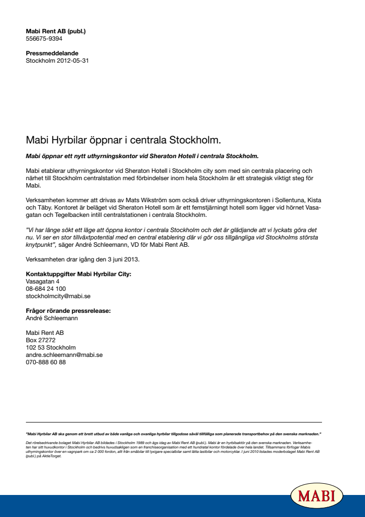 MABI Hyrbilar öppnar nytt kontor i centrala Stockholm