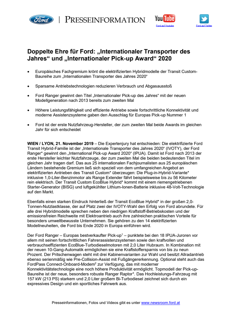 Doppelte Ehre für Ford: „Internationaler Transporter des Jahres“ und „Internationaler Pick-up Award“ 2020