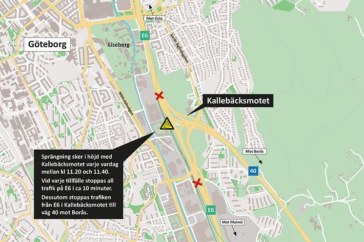 Sprängning sker i höjd med Kallebäcksmotet varje vardag mellan kl 11.20 och 11.40.