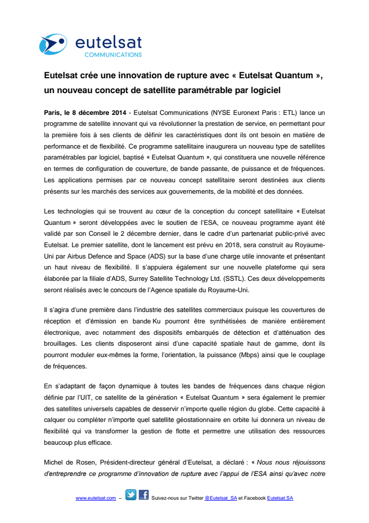 Eutelsat crée une innovation de rupture avec « Eutelsat Quantum », un nouveau concept de satellite paramétrable par logiciel