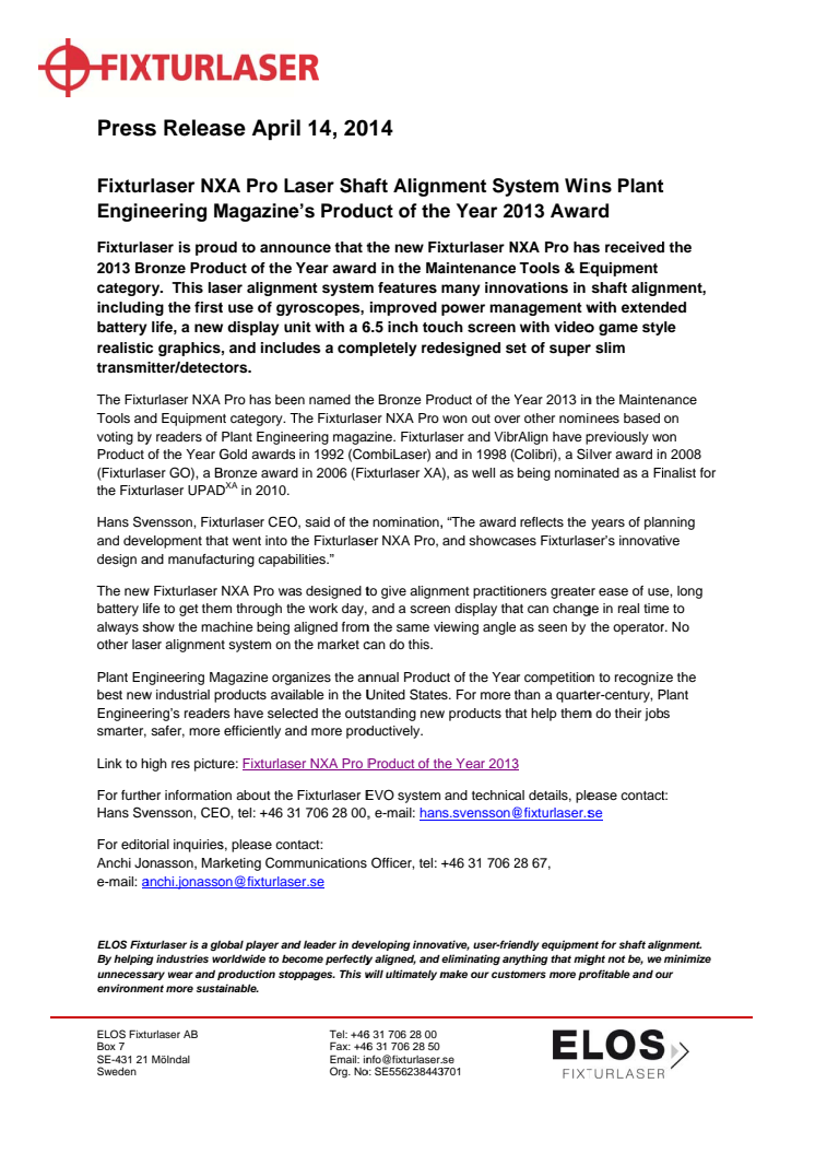 Fixturlaser NXA Pro Laser Shaft Alignment System Wins Plant Engineering Magazine’s Product of the Year 2013 Award