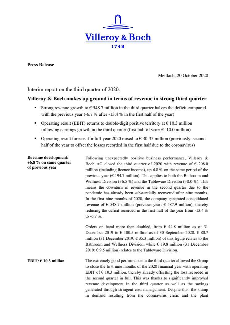 Interim report on the third quarter of 2020:  Villeroy & Boch makes up ground in terms of revenue in strong third quarter