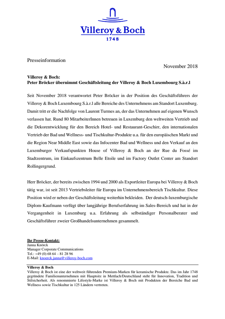 Villeroy & Boch: Peter Bröcker übernimmt Geschäftsleitung der Villeroy & Boch Luxembourg S.à.r.l