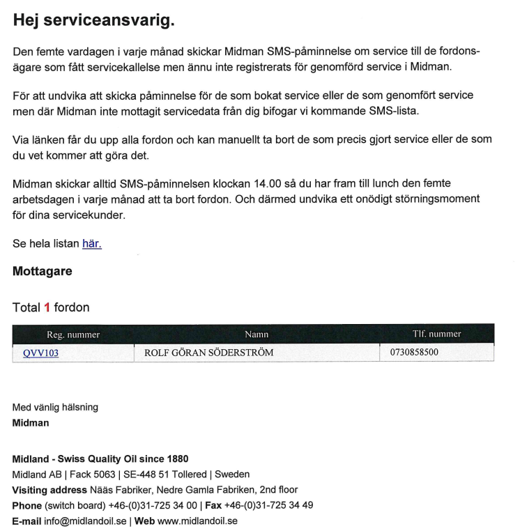 Midman Update: Ny e-tjänst till serviceansvarig som visar SMS-påminnelselista.