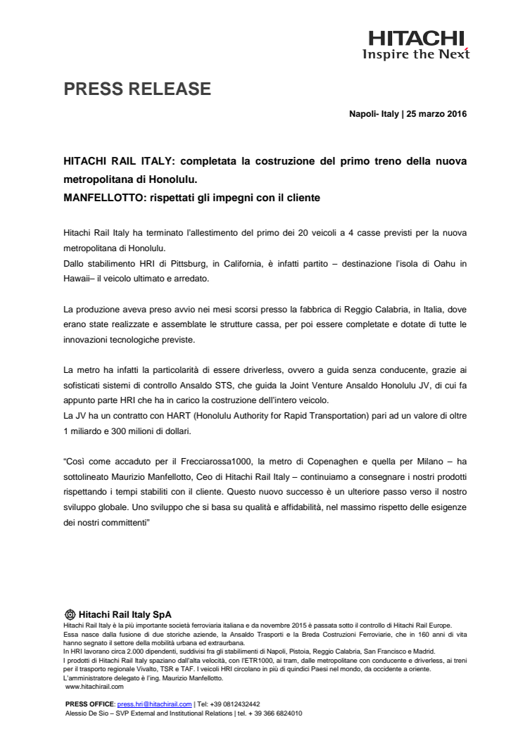 Completata la costruzione del primo treno della nuova metropolitana di Honolulu