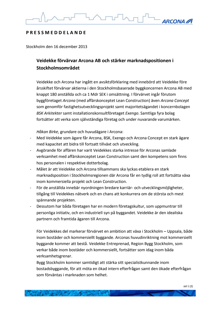 Veidekke förvärvar Arcona AB och stärker marknadspositionen i Stockholmsområdet