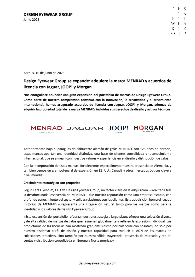 Design Eyewear Group se expande: adquiere la marca MENRAD y acuerdos de licencia con Jaguar, JOOP! y Morgan