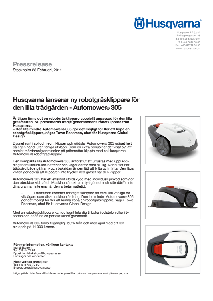 Husqvarna lanserar ny robotgräsklippare för den lilla trädgården - Automower® 305