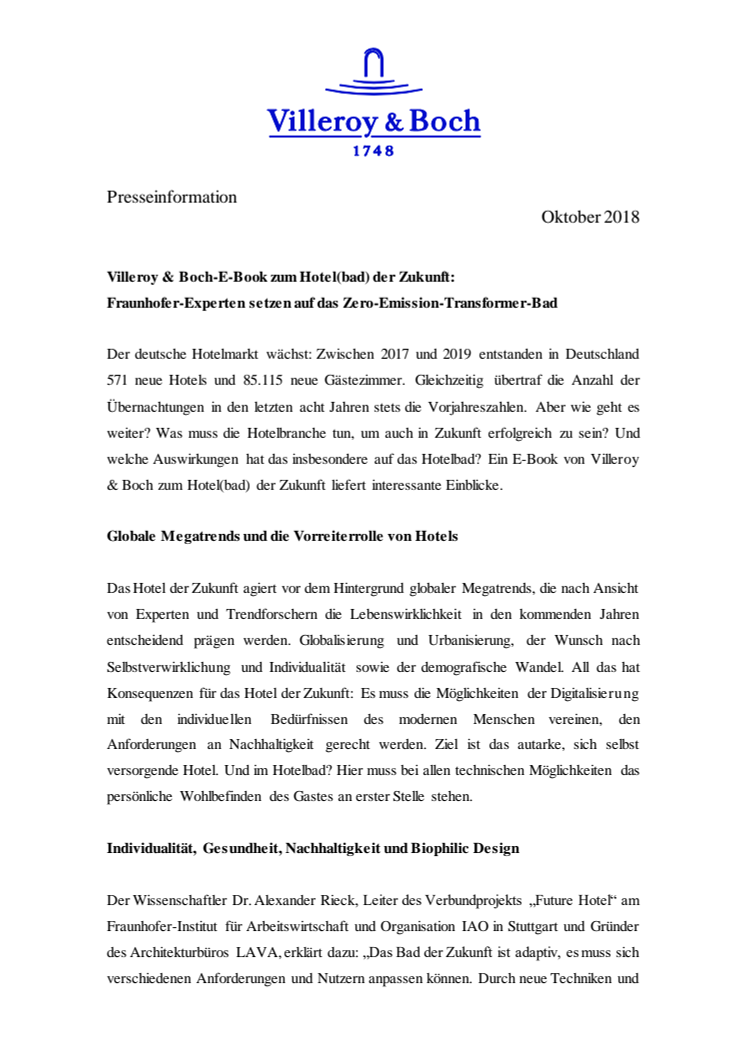 Villeroy & Boch-E-Book zum Hotel(bad) der Zukunft: Fraunhofer-Experten setzen auf das Zero-Emission-Transformer-Bad