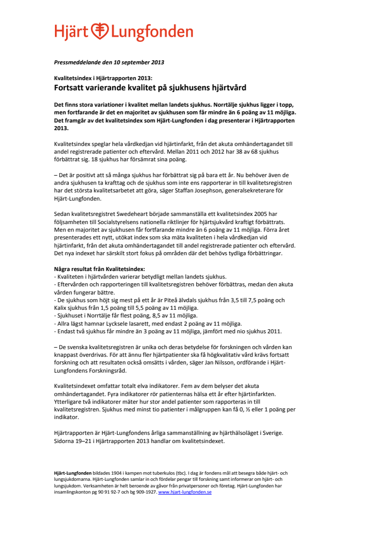 Kvalitetsindex i Hjärtrapporten 2013: Fortsatt varierande kvalitet på sjukhusens hjärtvård