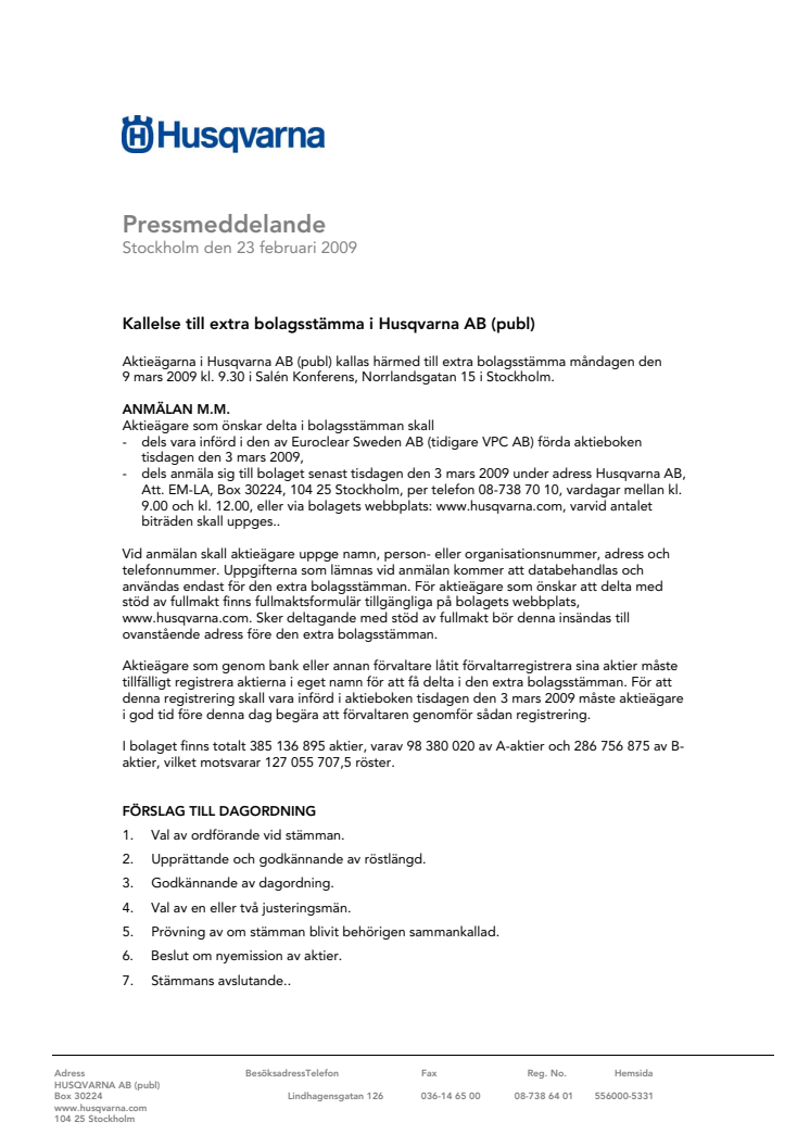 Kallelse till extra bolagsstämma i Husqvarna AB (publ)
