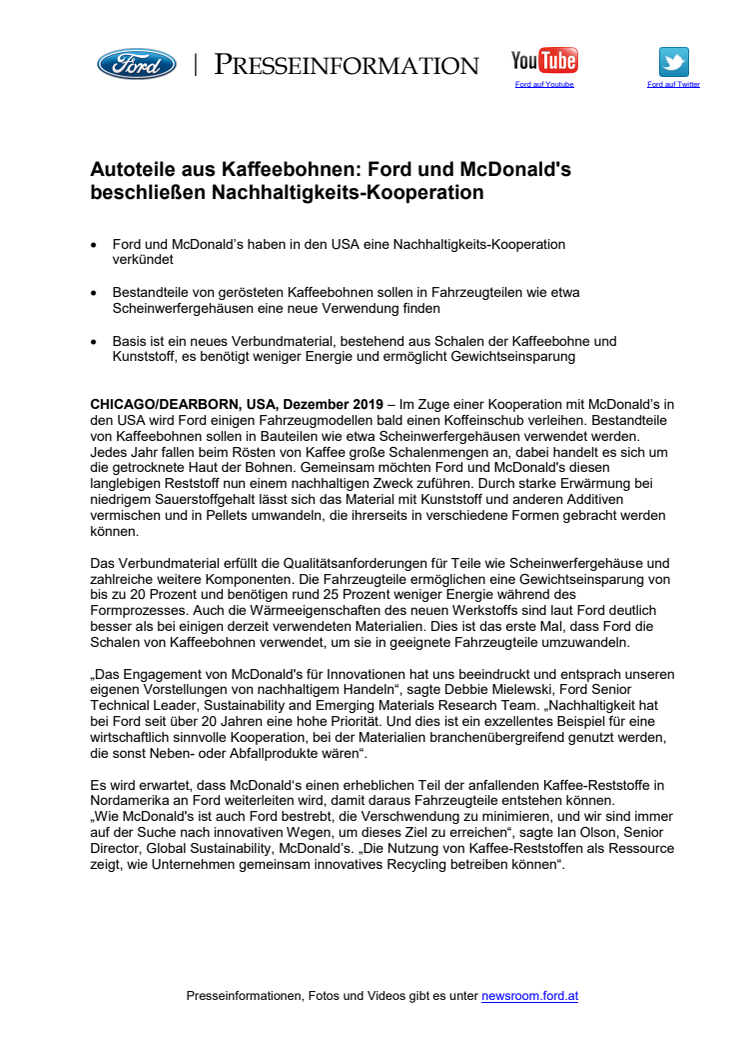 Autoteile aus Kaffeebohnen: Ford und McDonald's beschließen Nachhaltigkeits-Kooperation
