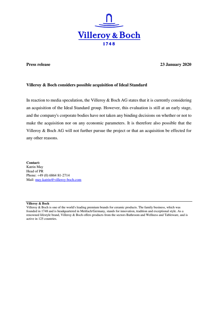 Villeroy & Boch considers possible acquisition of Ideal Standard