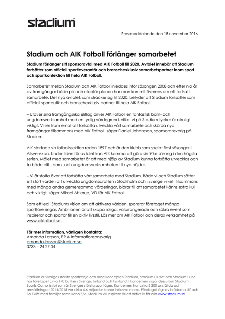  Stadium och AIK Fotboll förlänger samarbetet