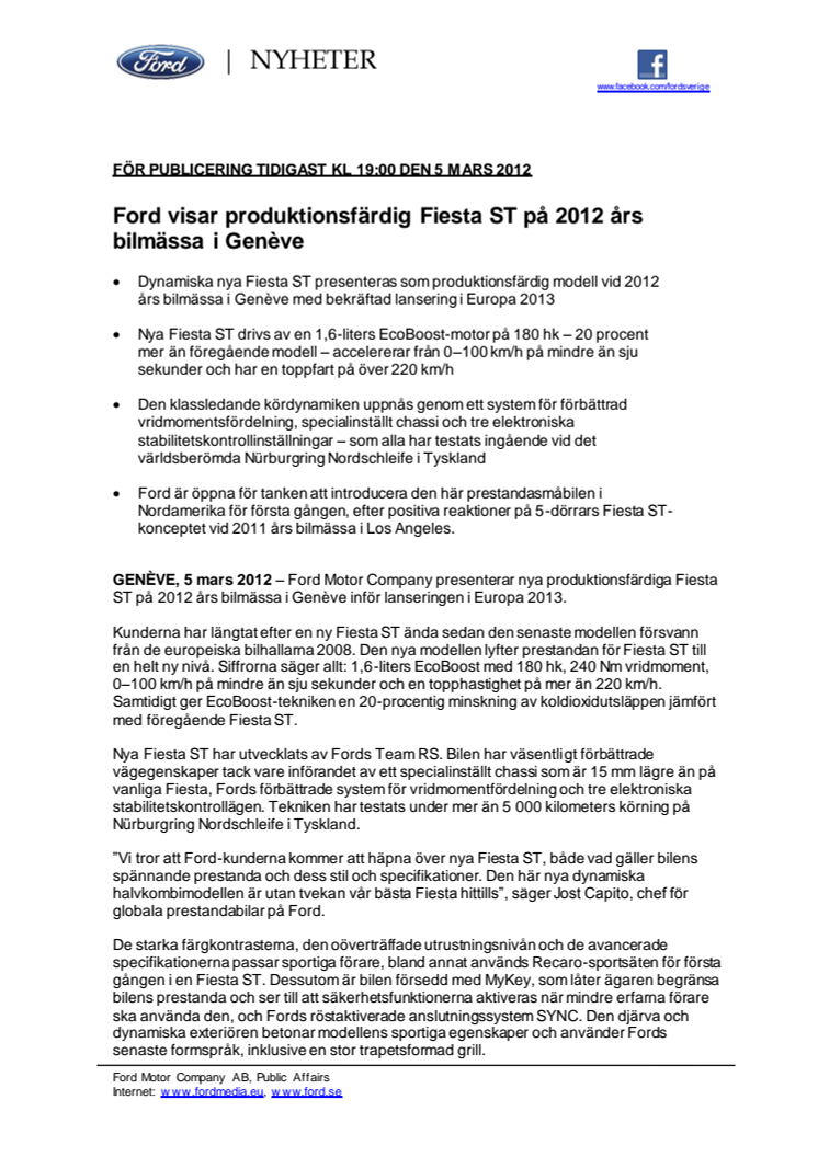 Ford visar produktionsfärdig Fiesta ST på 2012 års bilmässa i Genève 
